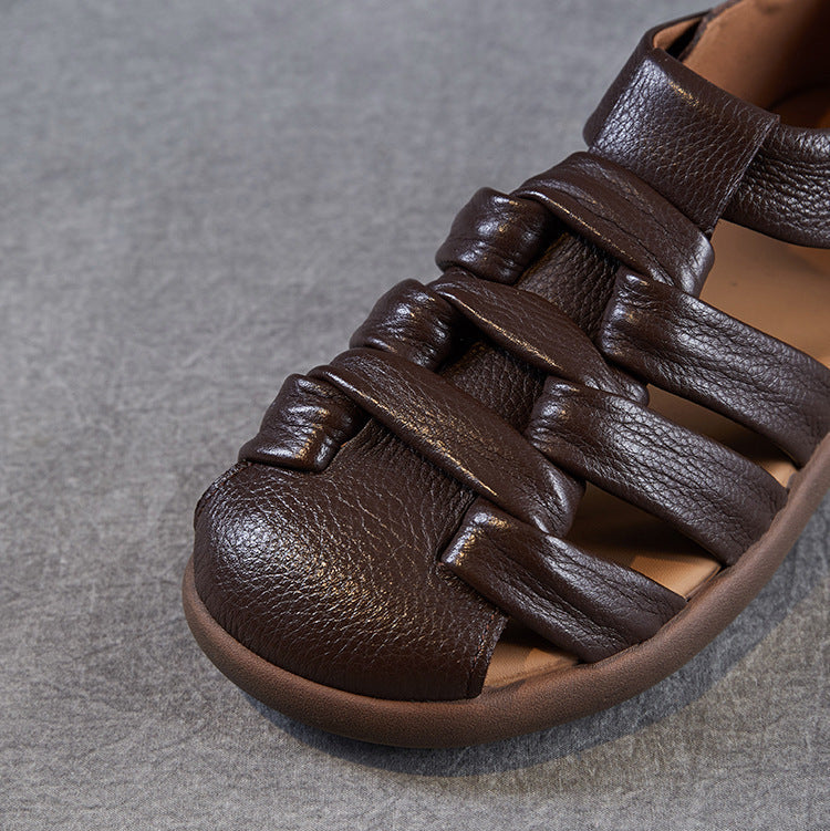 Women's Genuine Leather Retro Woven Hollow Sandals-RAIIFY