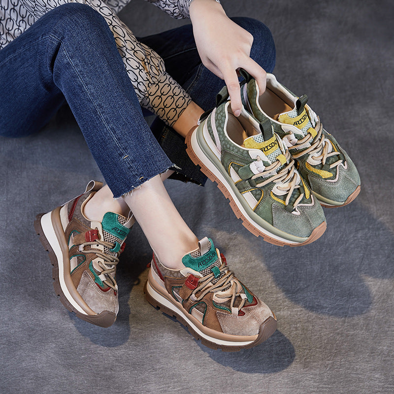 Women Retro Color Matching Leather Platform Sneakers-RAIIFY