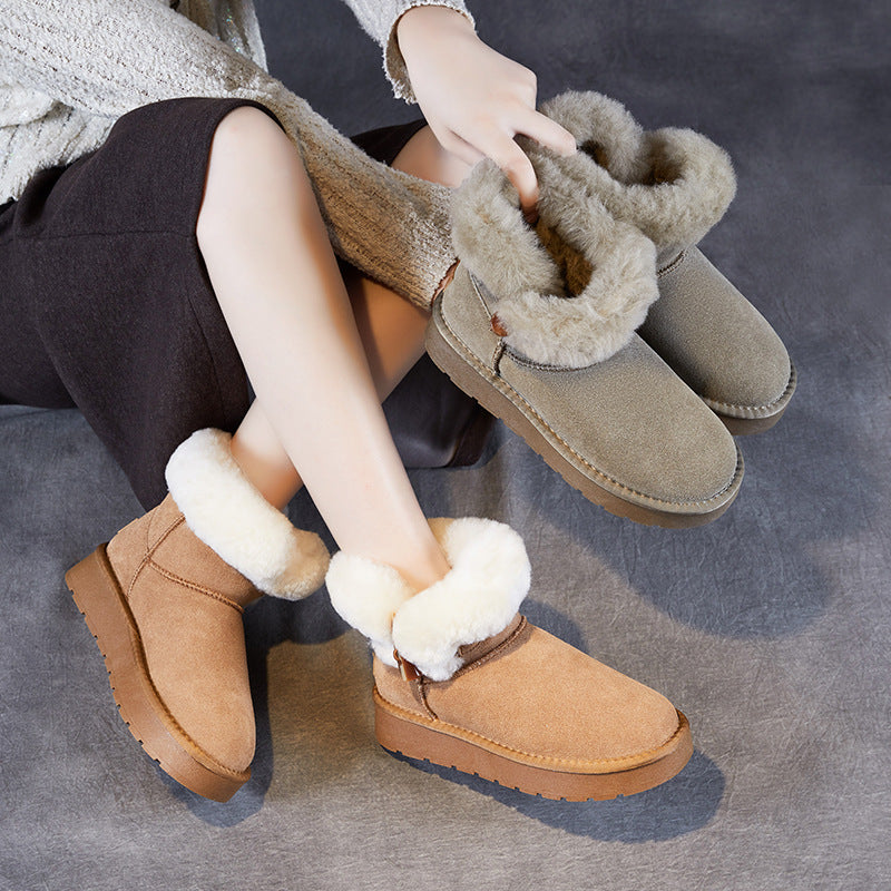 Women Solid Suede Furred Ankle Snow Boots-RAIIFY