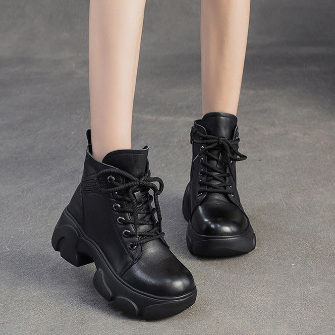 Women's Vintage Leather Wool Platform Boots-RAIIFY