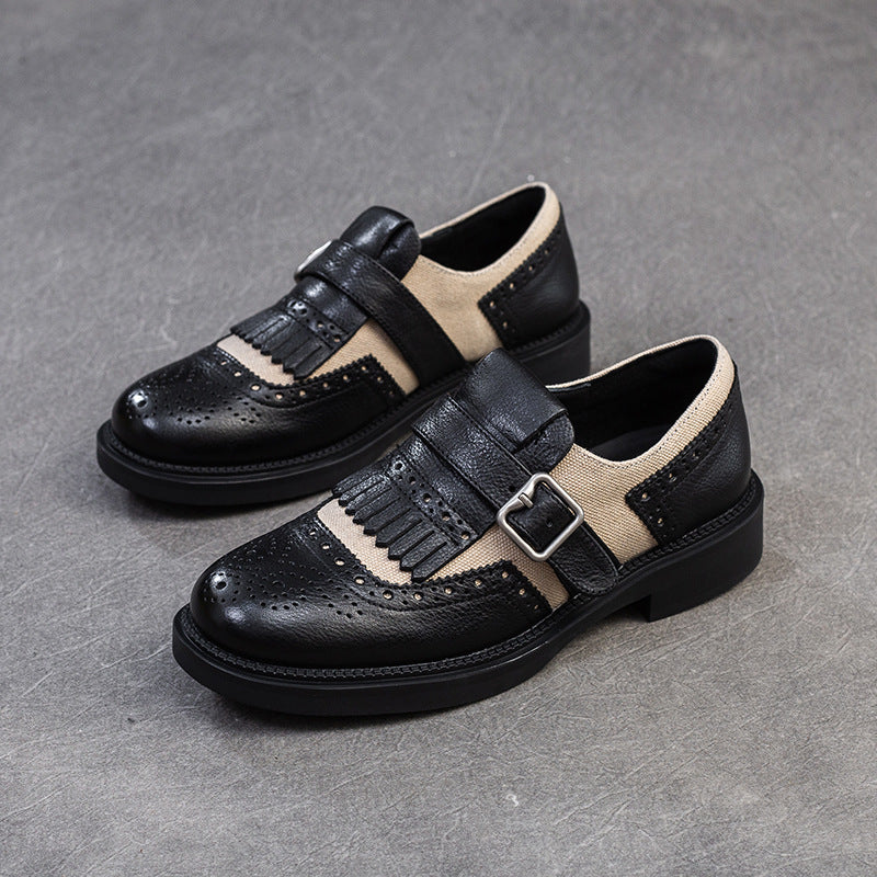 Women Patchwork Hollow Leather Retro Loafers-RAIIFY