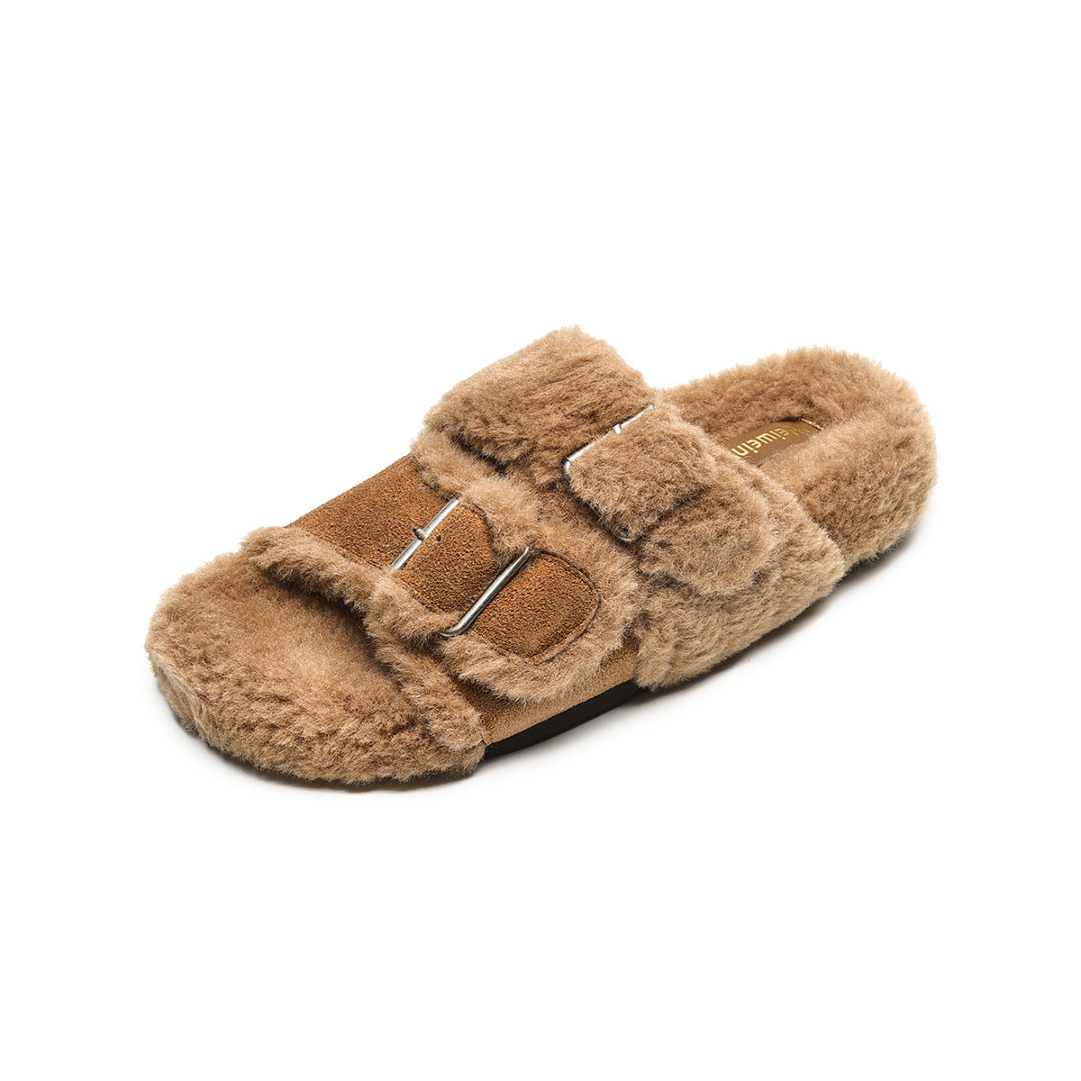 Women Winter Leather Buckle Bedroom Fur Slides-RAIIFY