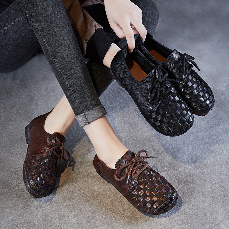 Women Retro Soft Plaited Leather Flat Casual Shoes-RAIIFY