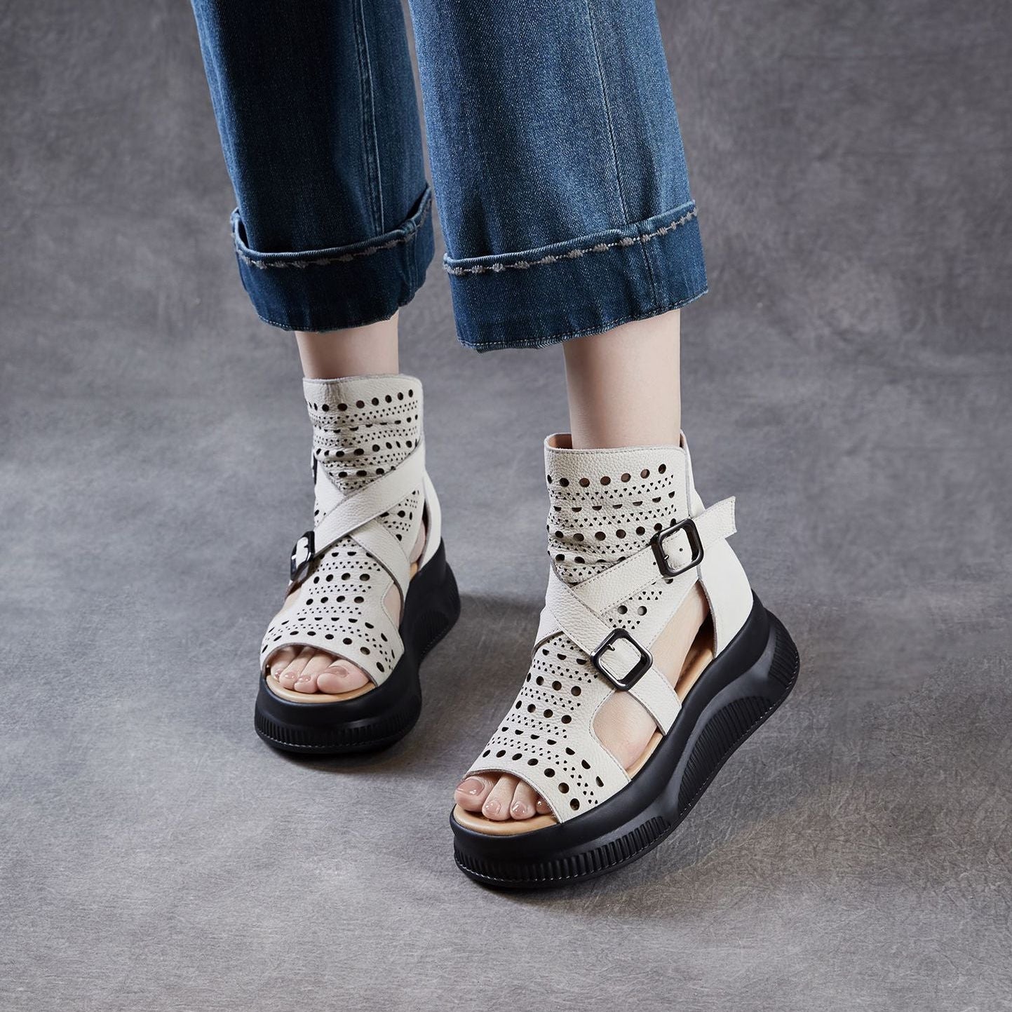 Women's Retro Cowhide Thick Sole Cutout Peep Toe Sandals