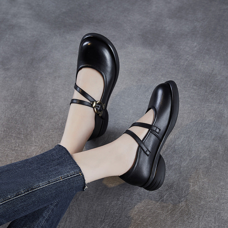 Women Low Top Leather Casual Mary Jane Shoes-RAIIFY