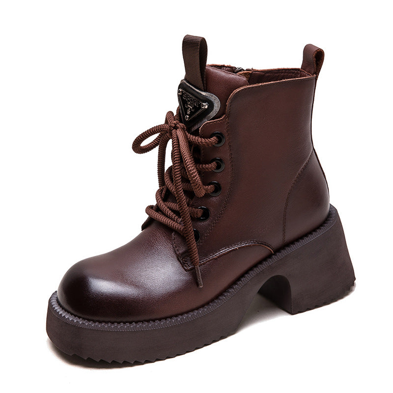 Women Retro Leather Chunky Heel Casual Boots-RAIIFY