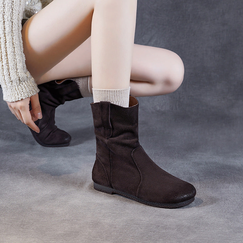 Women Vintage Solid Suede Flat Casual Boots-RAIIFY