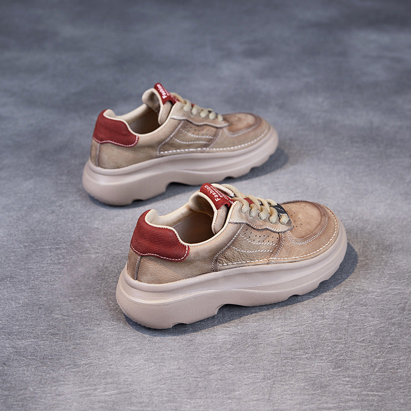 Women Genuine Leather Thick Sole Retro Lace Up Sneakers-RAIIFY