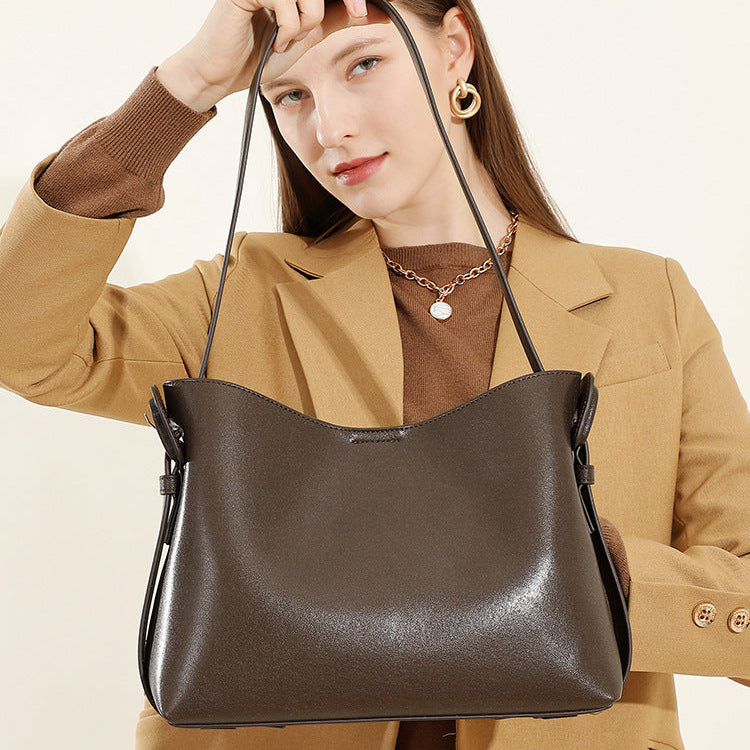 Women Solid Soft Leather Minimalism Shoulder Tote Bag-RAIIFY