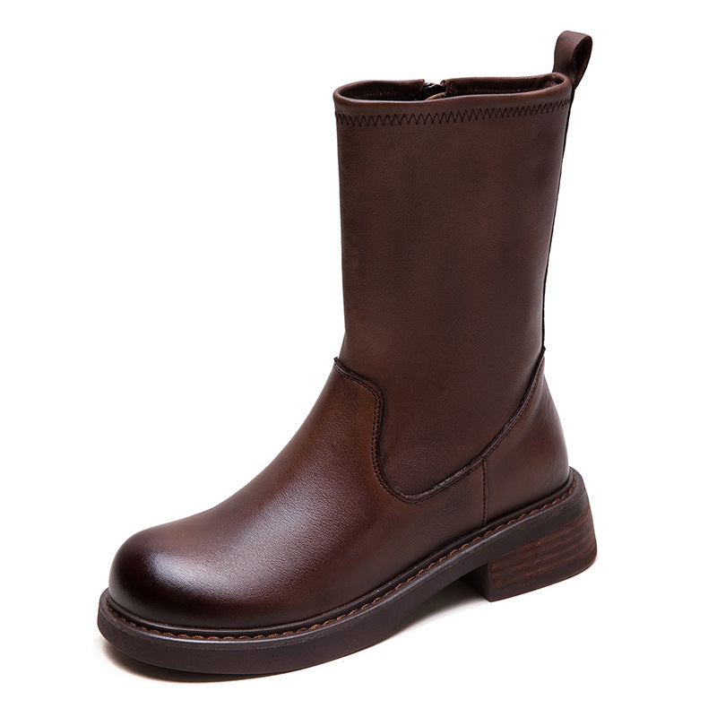 Women Solid Leather Retro Mid-Calf Casual Boots-RAIIFY