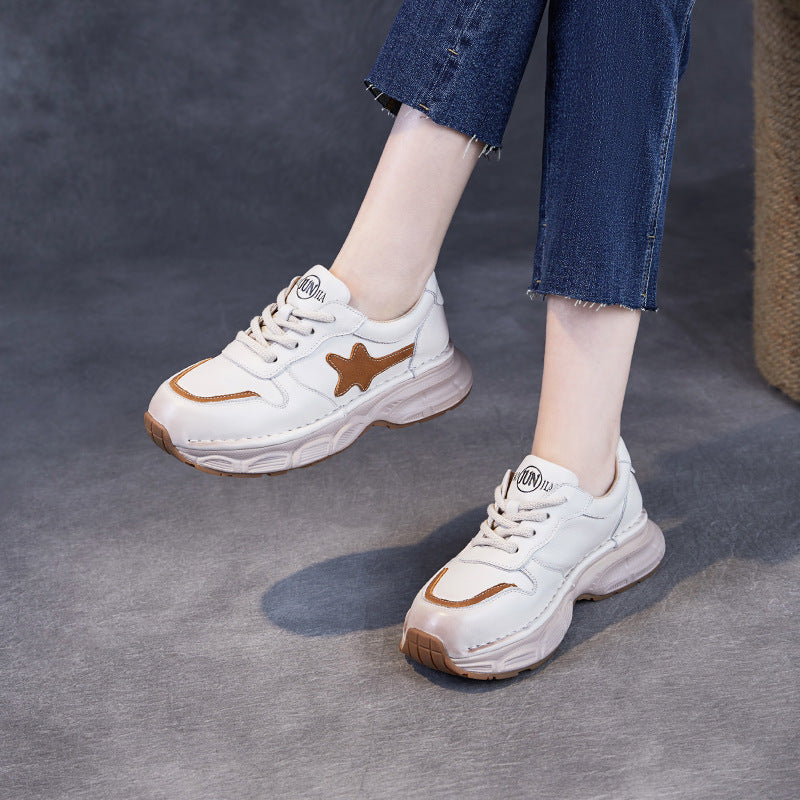 Women Color Matching Leather Retro Casual Shoes-RAIIFY