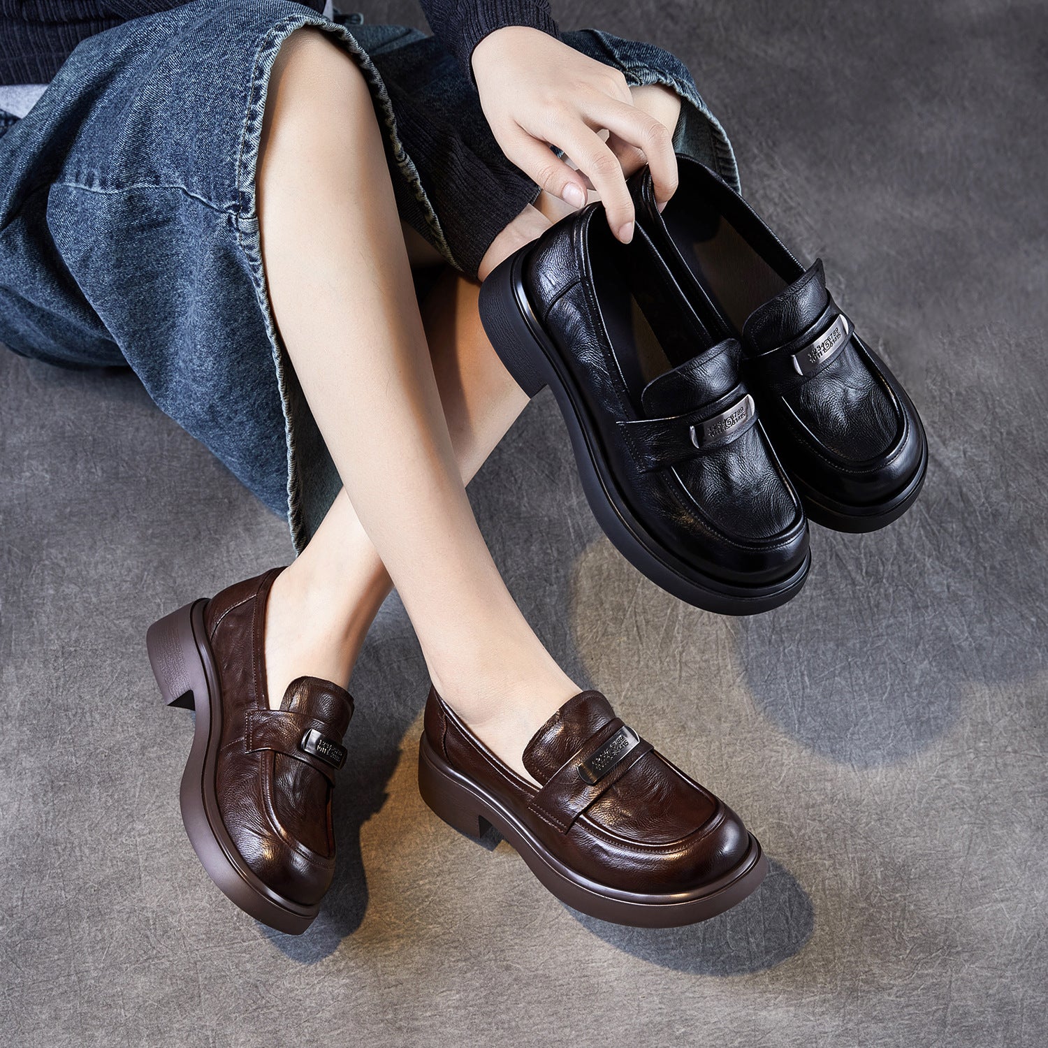 Women's Vintage Plain Leather Casual Loafers-RAIIFY