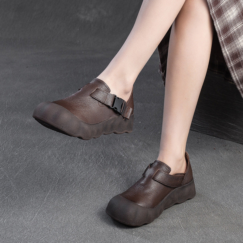 Women Vintage Plain Leather Buckle Soft Casual Shoes-RAIIFY