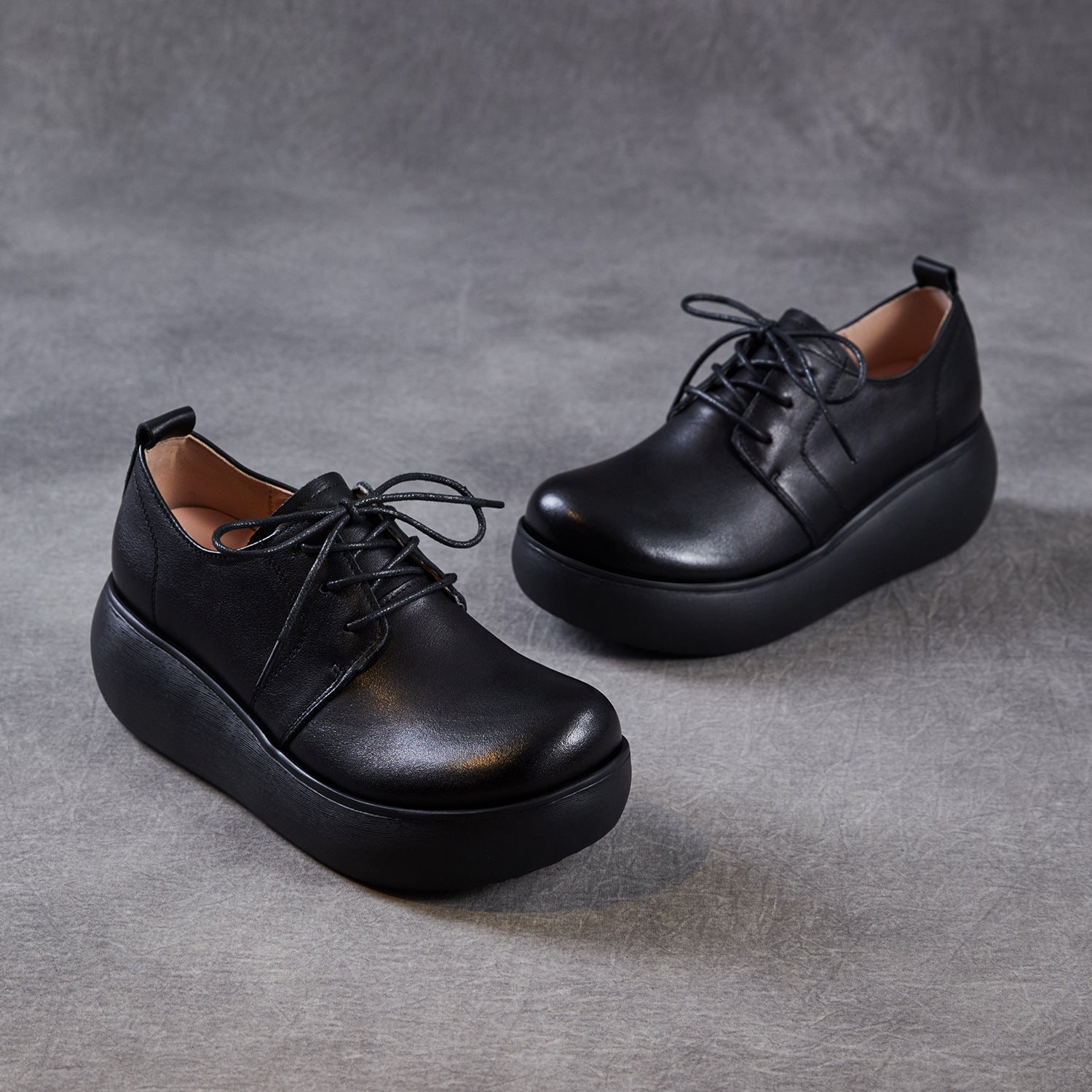 Women Genuine Leather Platform Round Toe Retro Comfort Loafers-RAIIFY