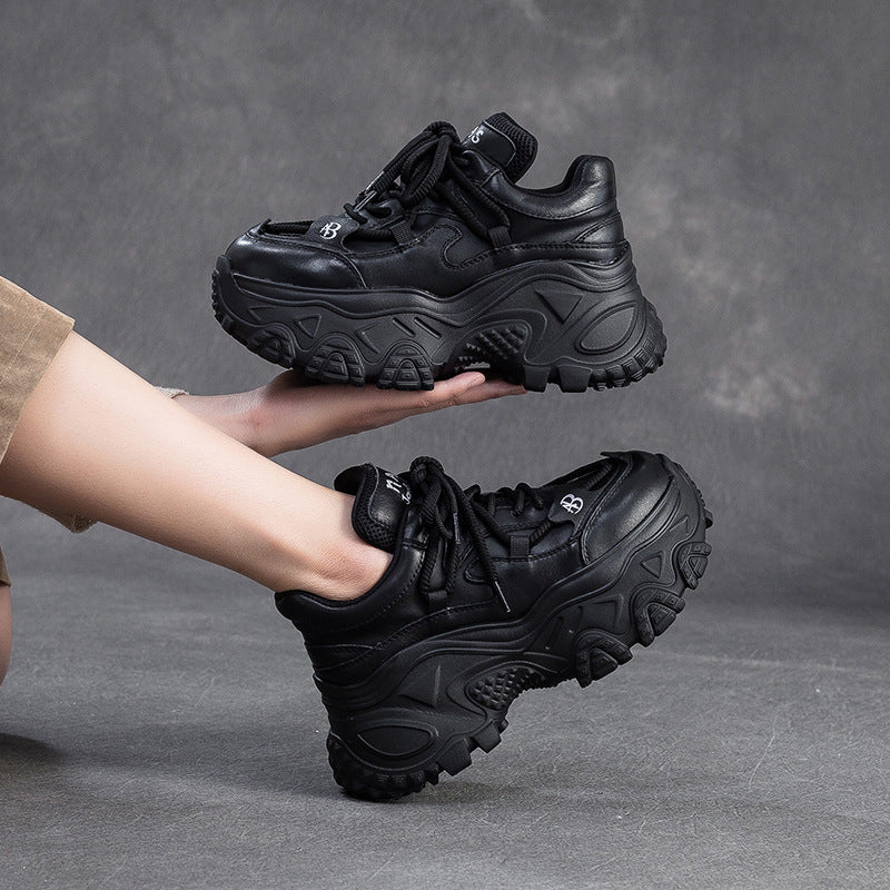 Women's Retro Plain Leather Chunky Platform Sneakers-RAIIFY