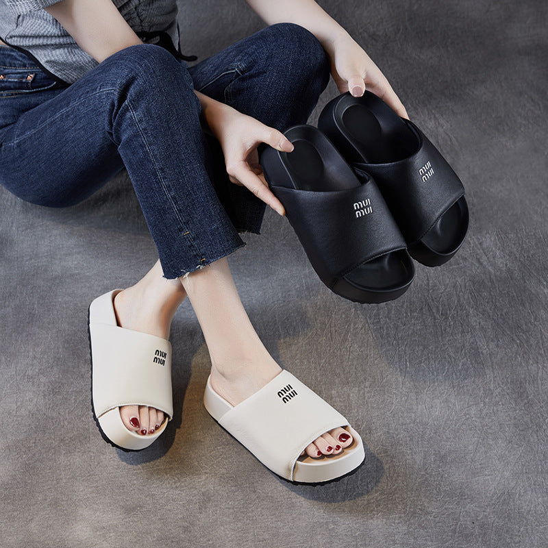Women Minimalism Leather Anti-slip Casual Slides-RAIIFY
