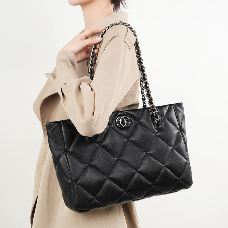 Women Casual Minimalism Quilted Leather Shoulder Tote Bag-RAIIFY