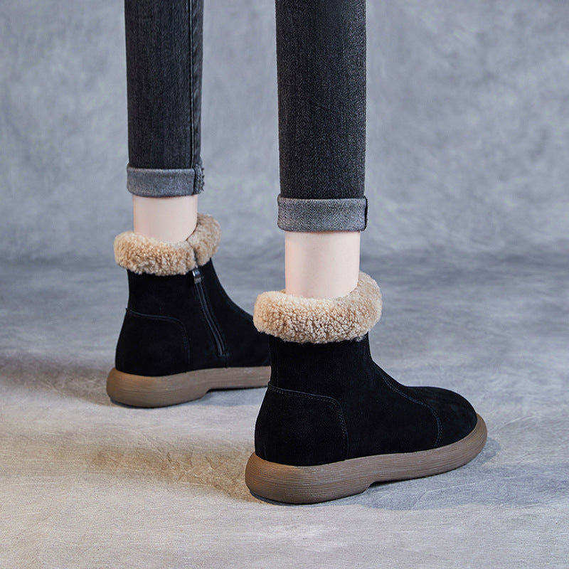 Women Retro Minimalism Solid Suede Flat Snow Boots-RAIIFY