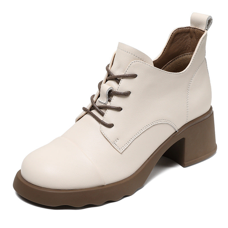 Women Minimalism Solid Leather Chunky Heel Casual Shoes-RAIIFY