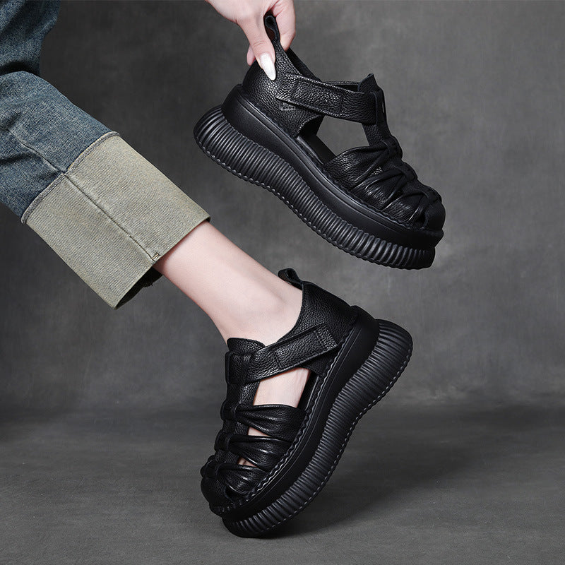 Women Retro Plaited Leather Platform Summer Sandals-RAIIFY