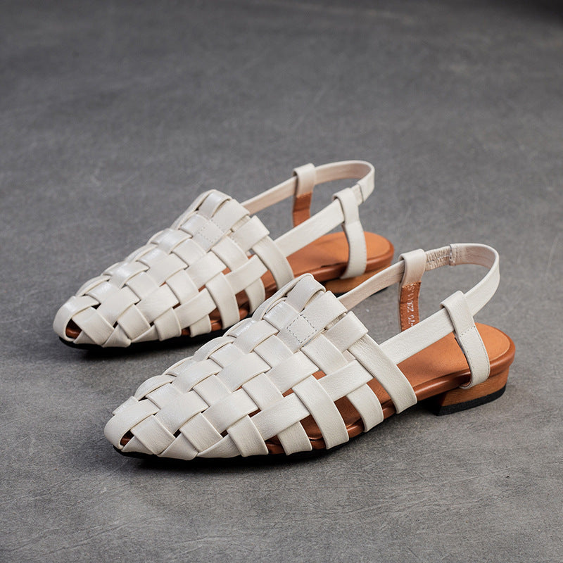 Women Retro Plaited Leather Pointed Toe Casual Sandals-RAIIFY