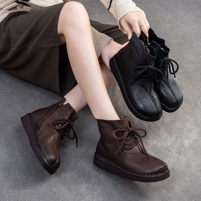 Women Vintage Solid Leather Flat Ankle Boots-RAIIFY