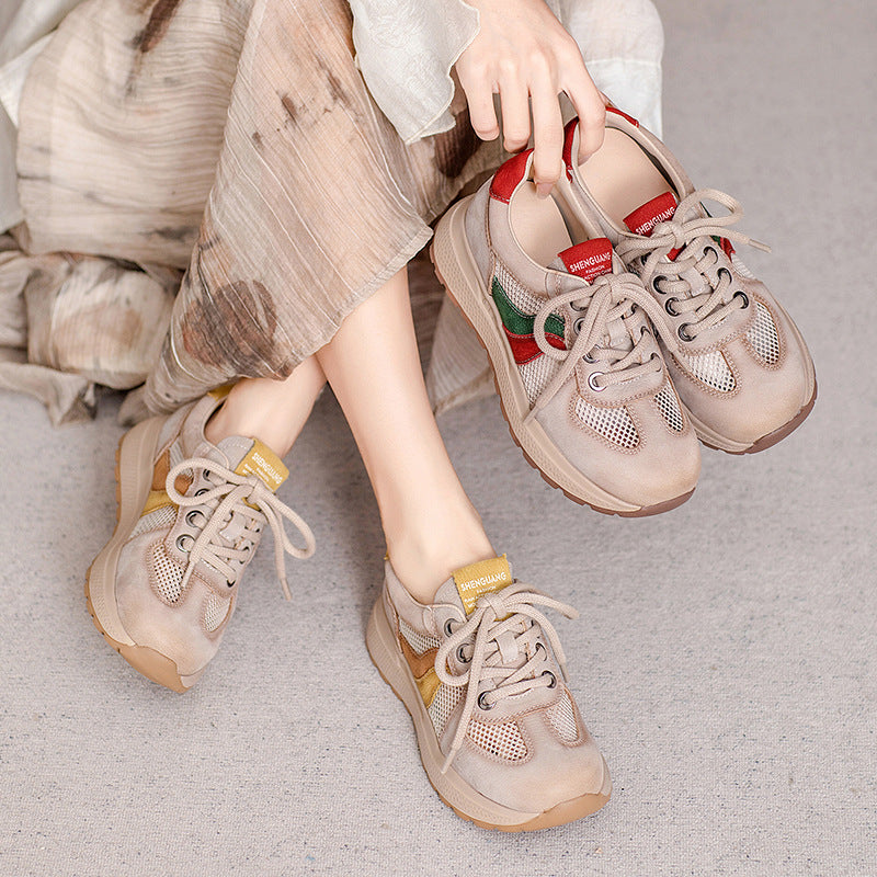 Women Fashion Patchwork Leather Hollow Mesh Casual Shoes-RAIIFY