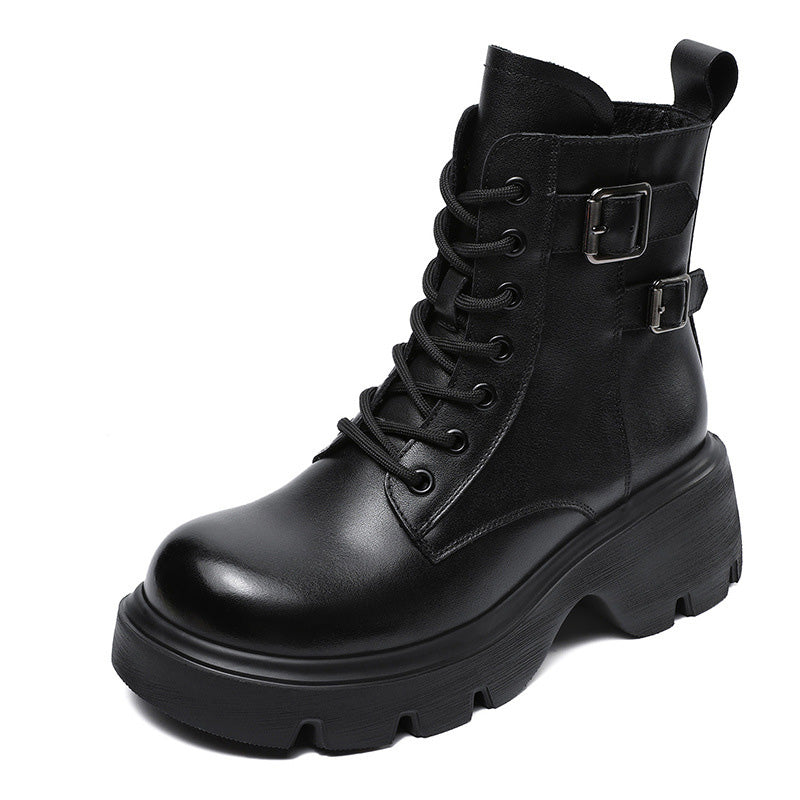 Women Solid Leather Fashion Leather Thick Soled Boots-RAIIFY