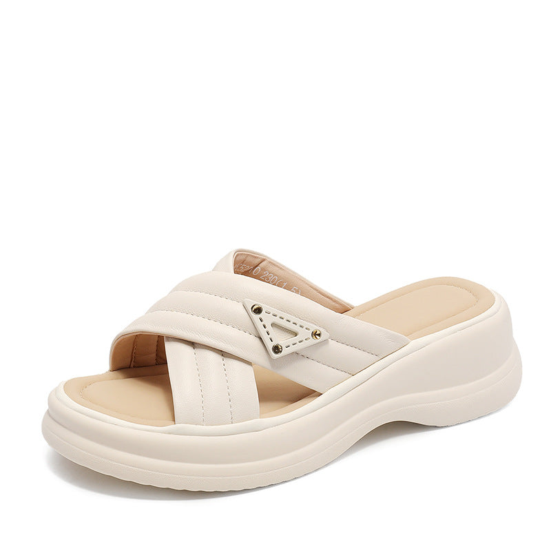 Women's Fashion Plain Leather Casual Slides-RAIIFY