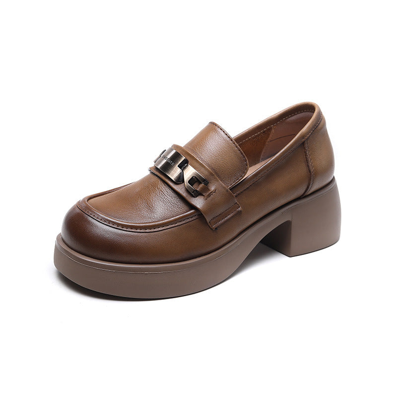 Women Retro Classic Leather Chunky Heel Loafers-RAIIFY