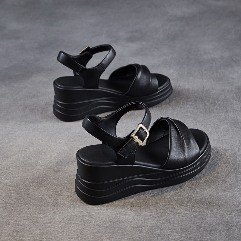 Women Elegant Plain Leather Chunky Wedge Sandals-RAIIFY