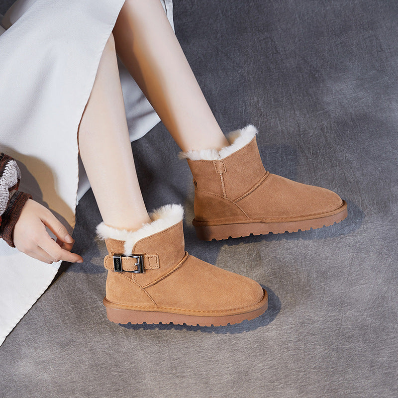 Women Winter Furred Suede Buckle Flat Ankle Boots-RAIIFY