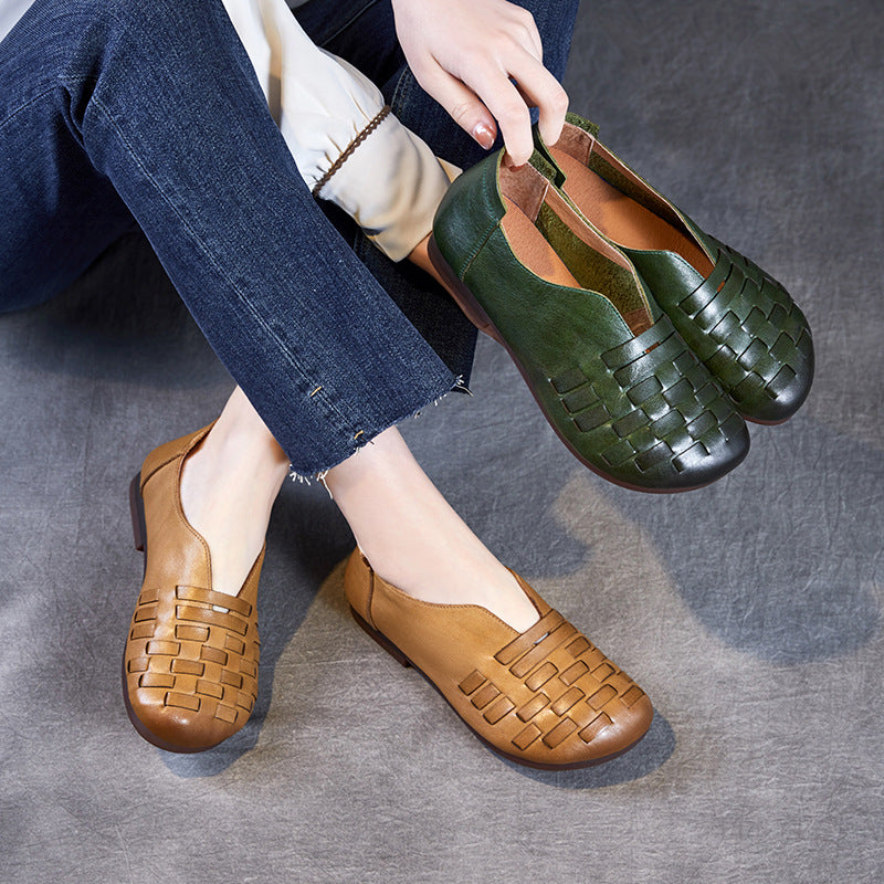 Women Vintage Soft Plaited Leather Casual Flats-RAIIFY