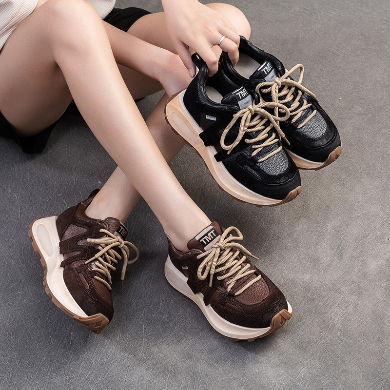 Women Retro Patchwork Leather Thick Soled Sneakers-RAIIFY