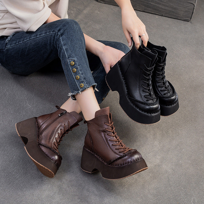 Women Retro Minimalism Leather Chunky Platform Boots-RAIIFY