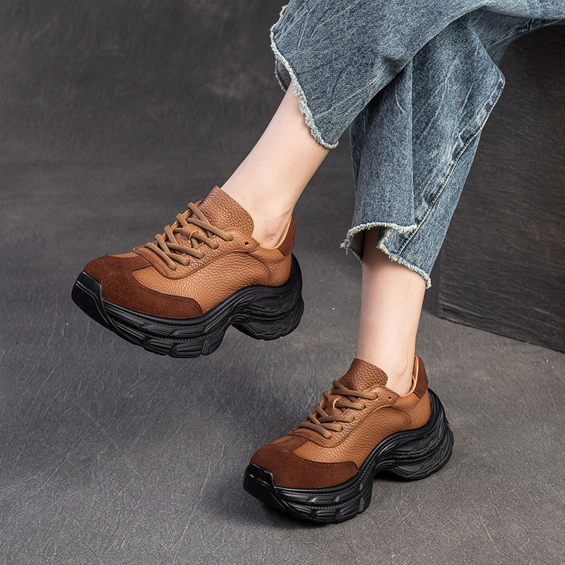 Women Retro Soft Leather Platform Casual Sneakers-RAIIFY