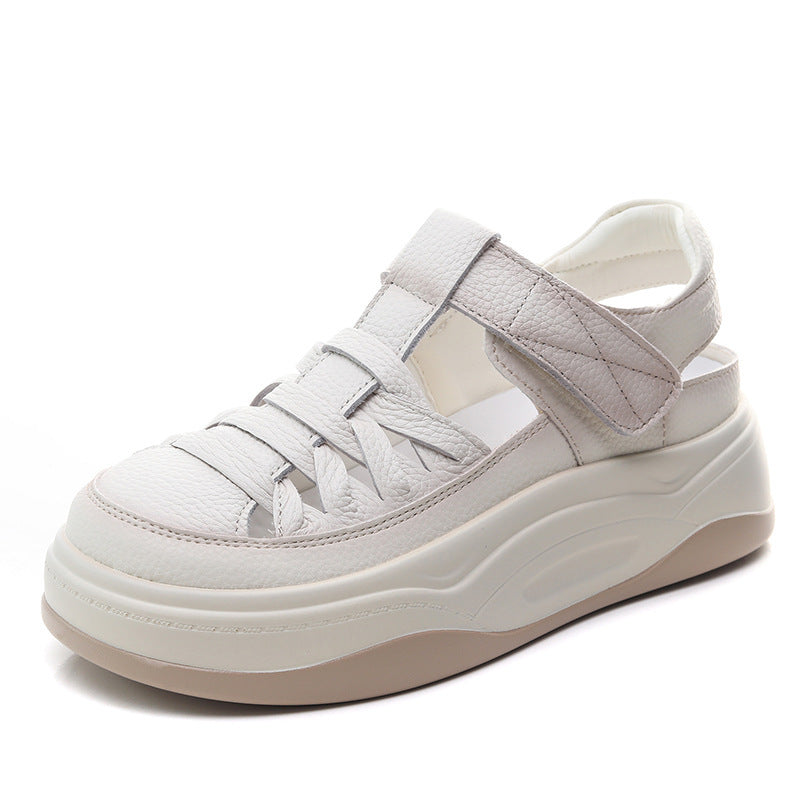 Women's Casual Plaited Leather Round Head Velcro Sandals-RAIIFY