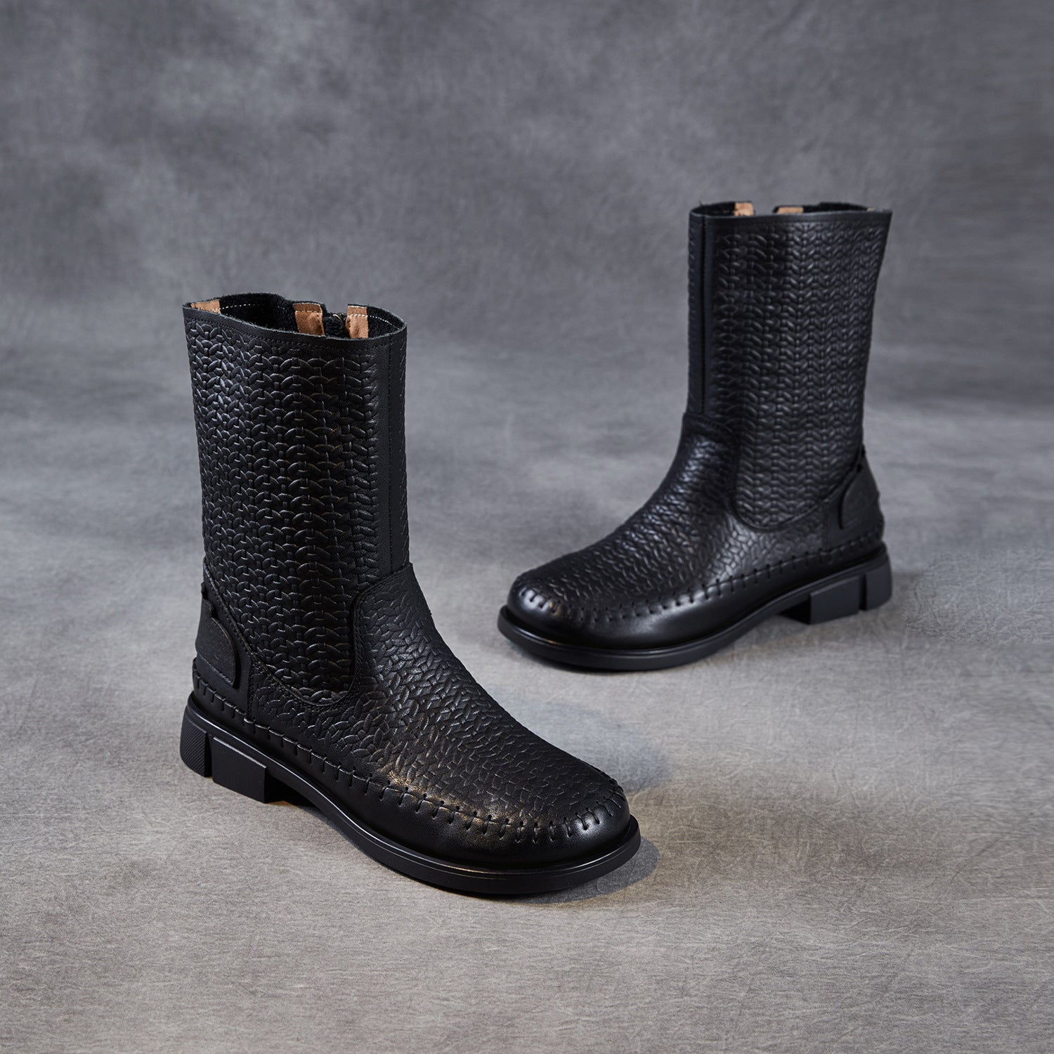 Women's Vintage Woven Embossing Leather Mid-Calf Boots-RAIIFY
