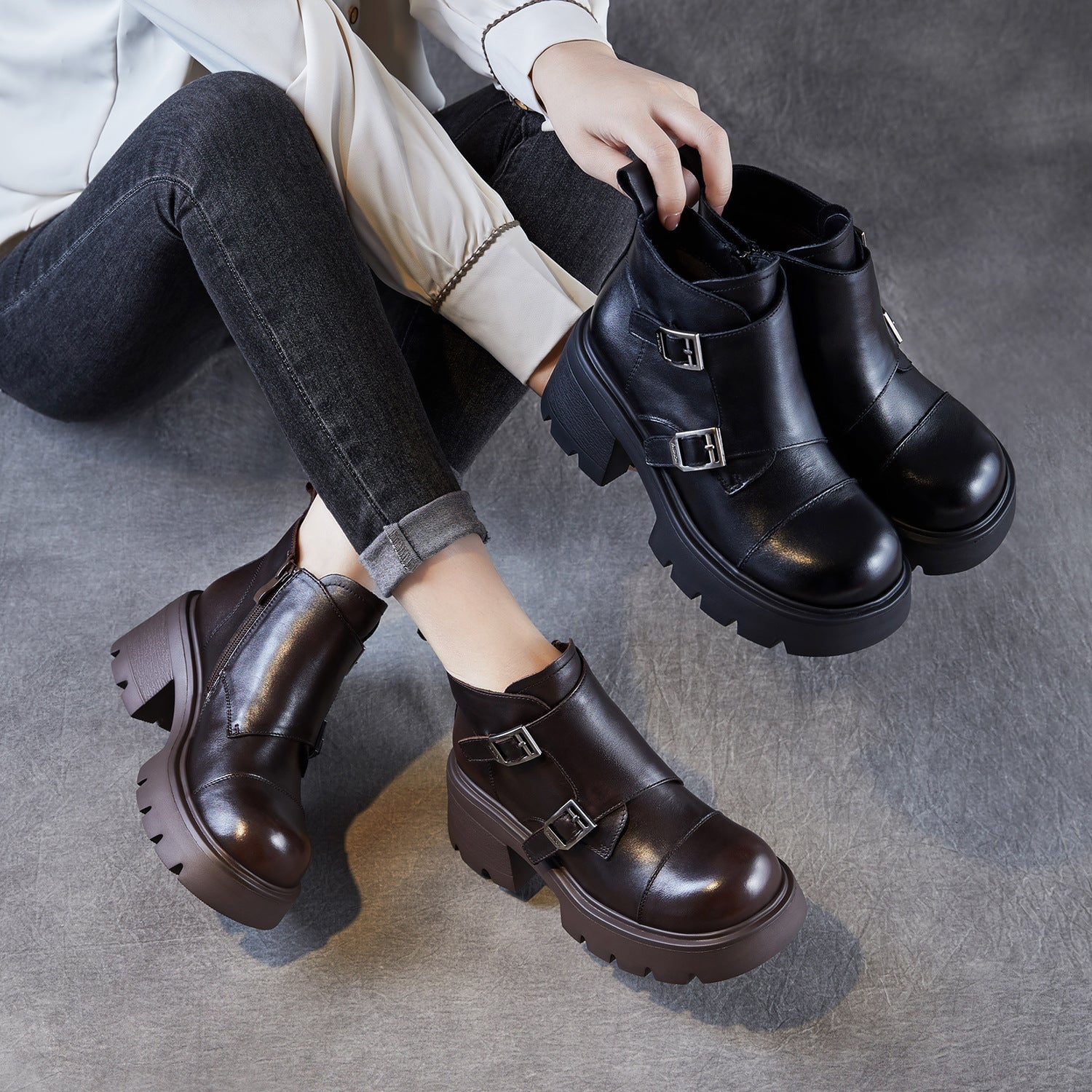 Women's Retro Leather Buckle Platform Ankle Boots-RAIIFY