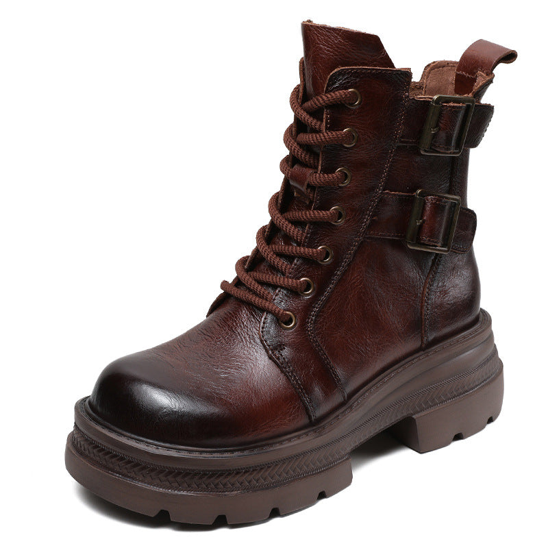 Women Vintage Leather Platform Combat Boots-RAIIFY