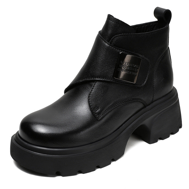 Women Retro Velcro Tape Leather Platform Ankle Boots-RAIIFY