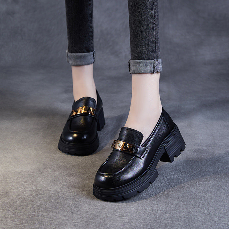 Women Stylish Metal Buckle Leather Thick Soled Loafers-RAIIFY