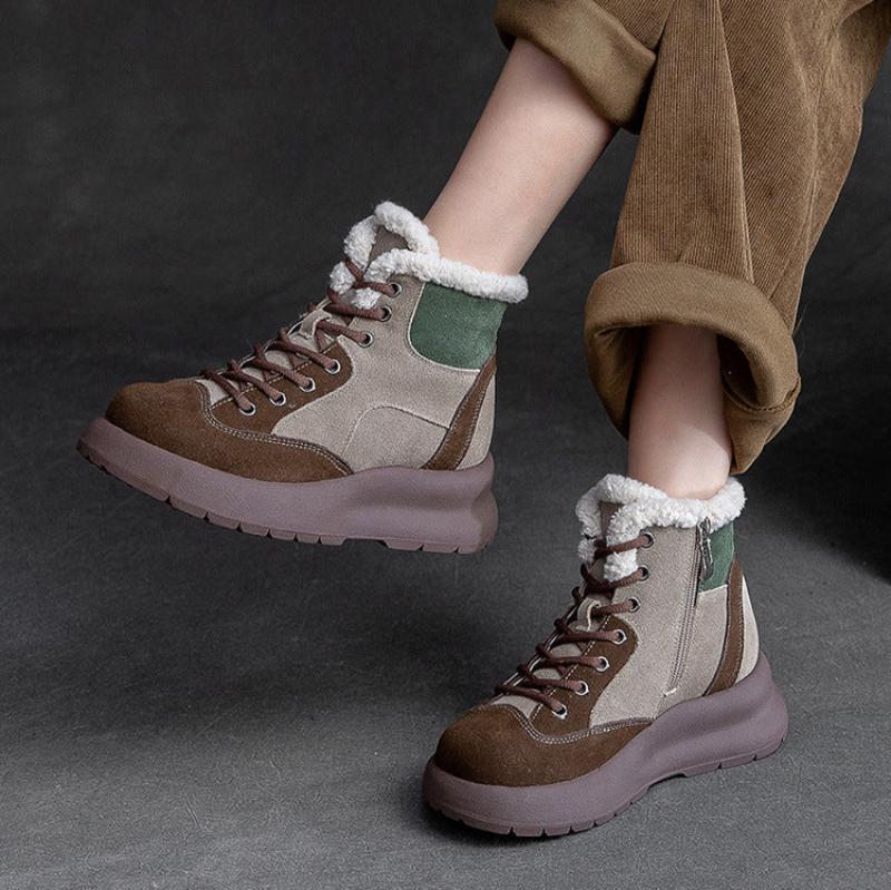 Women Retro Color Matching Leather Ankle Snow Boots-RAIIFY