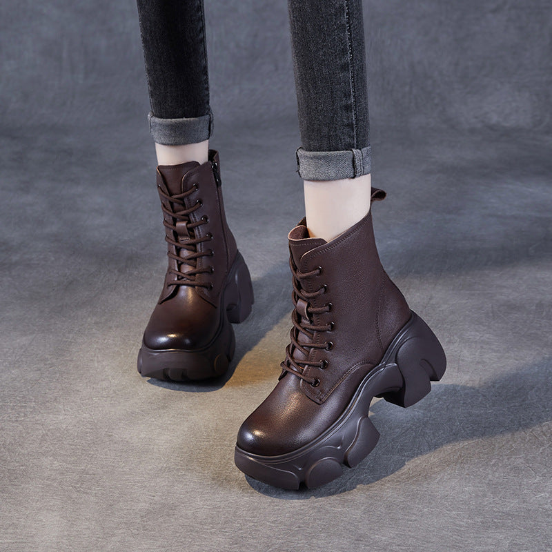 Women's Retro Plain Leather Chunky Platform Boots-RAIIFY