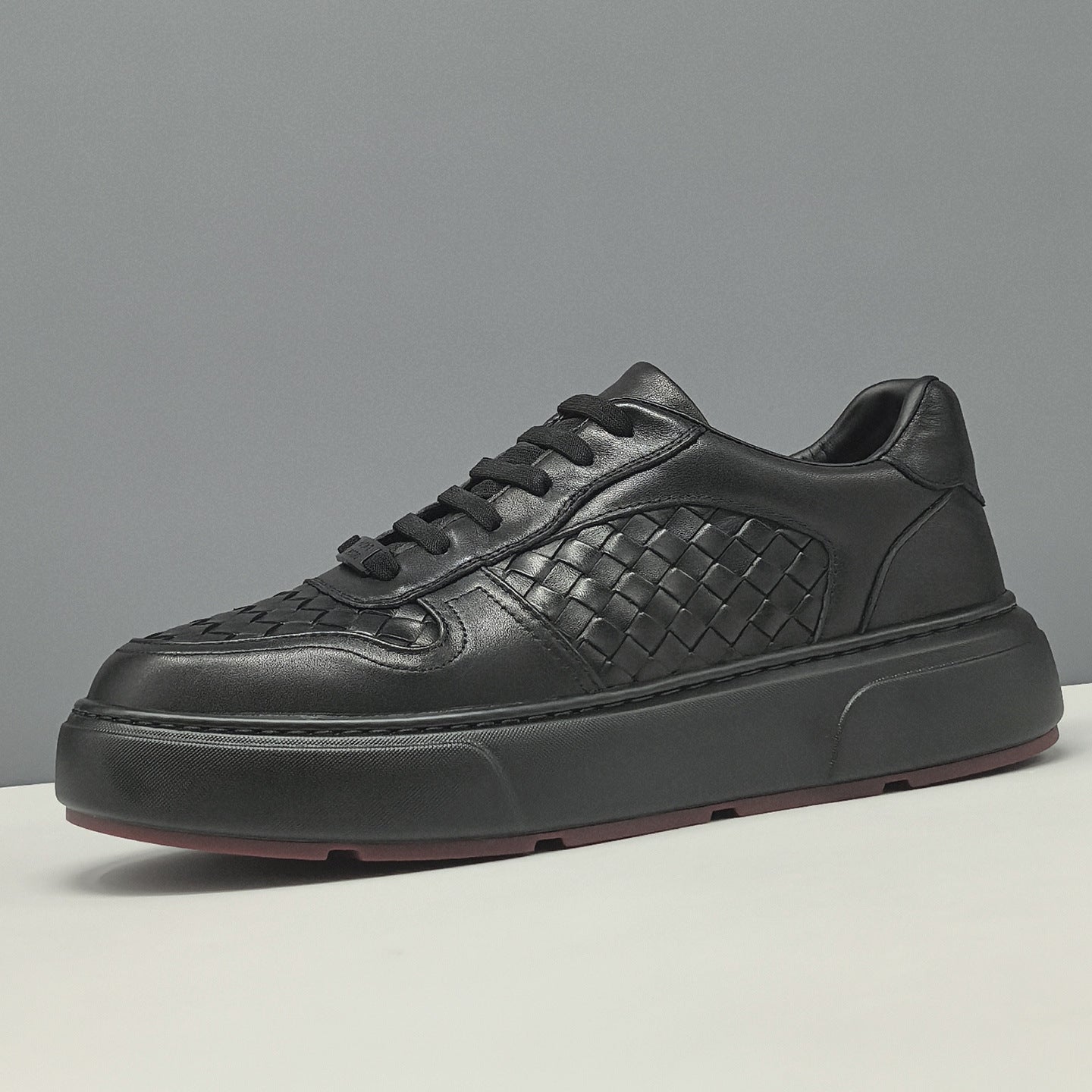 Men's Plain Black Plaited Leather Flat Casual Shoes-RAIIFY