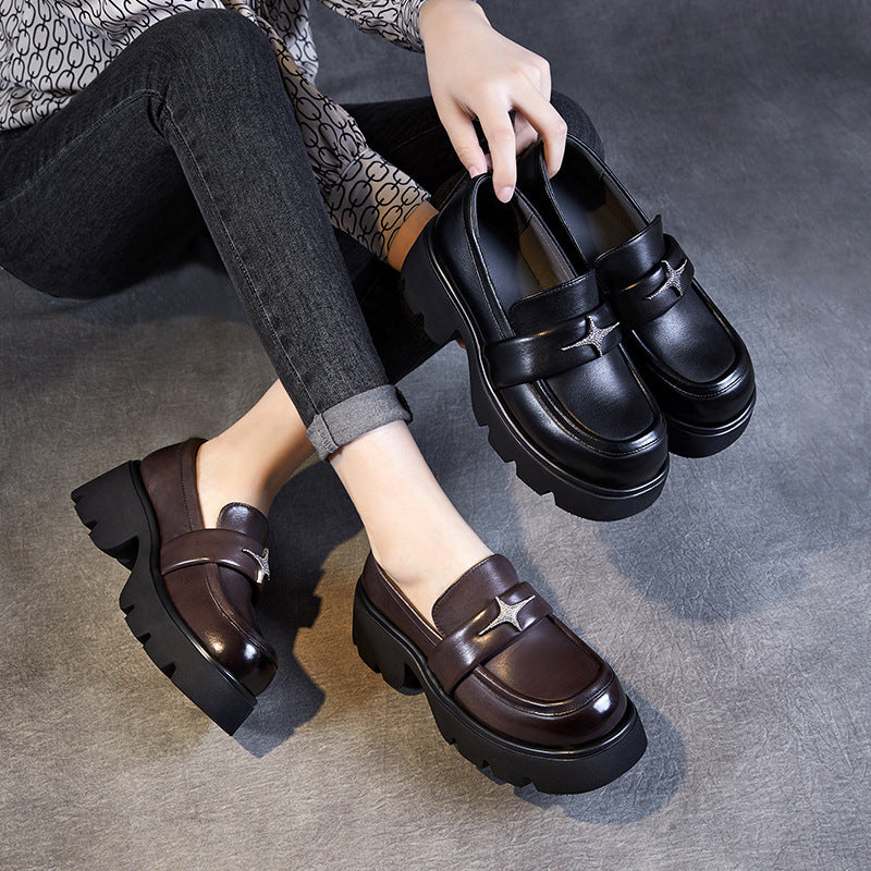 Women Retro Leather Platform Casual Loafers-RAIIFY