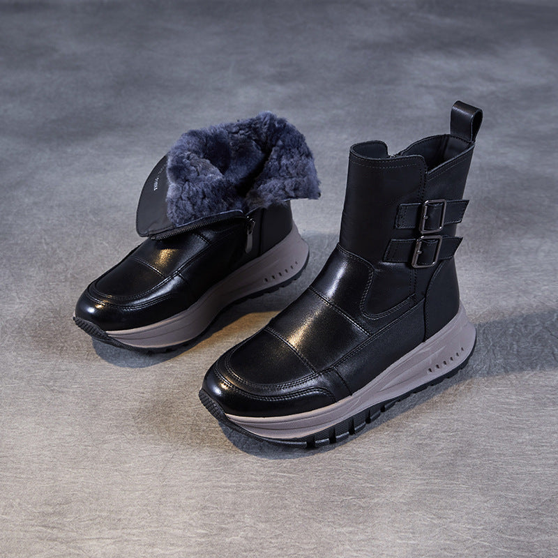 Women Minimalism Solid Leather Woolen Snow Boots-RAIIFY