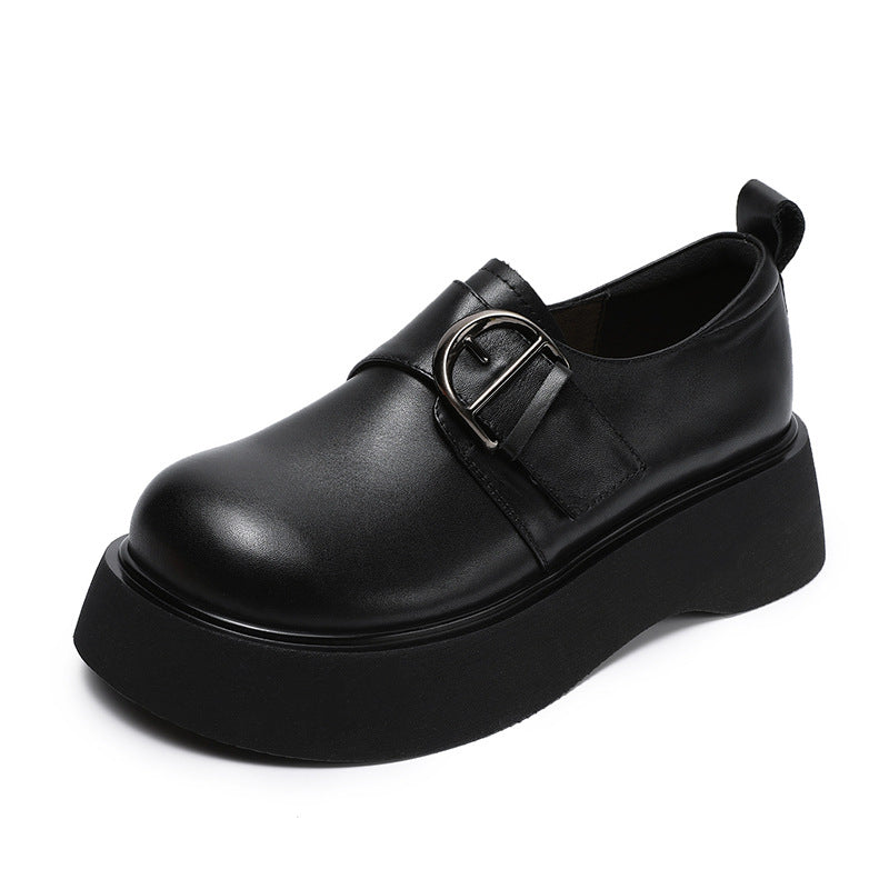 Women Retro Plain Leather Buckle Thick Soled Casual Shoes-RAIIFY