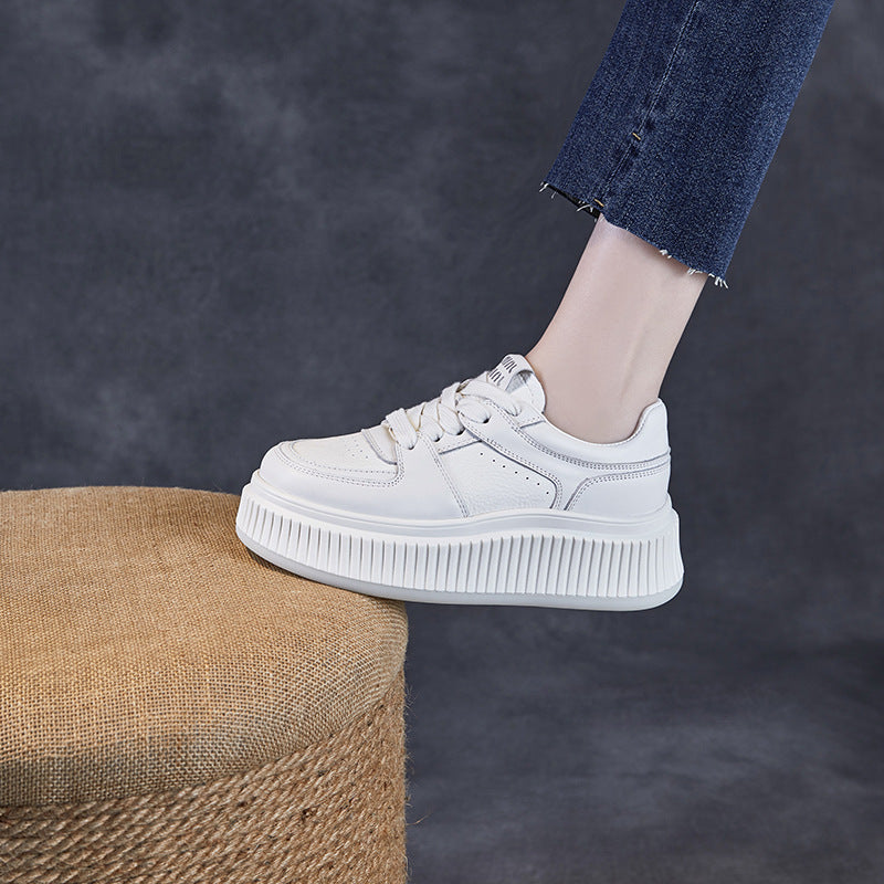 Women Minimalism Leather Pure White Platform Sneakers-RAIIFY