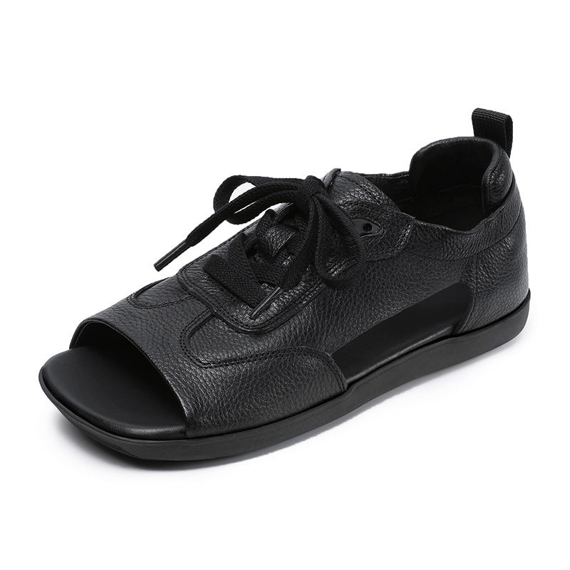 Women's Genuine Leather Retro Soft Sole Lace Up Sandals-RAIIFY